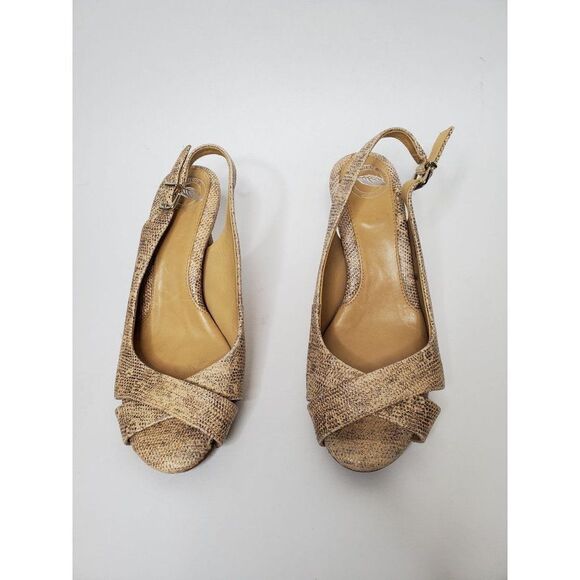 Nurture Leather Peep Toe Neutral Sparkle Snakeprint Slingback Heels - Picture 1 of 12